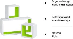 Wandregal Cube Regal 3er Set Würfelregal Hängeregal,Quadratisch Schwebend Design -Möbel Store Wandregal Cube Regal 3er Set W rfelregal H ngeregal Quadratisch Schwebend Design RG9229gn Gr n3 1280x1280