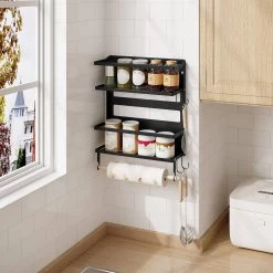 Möbel Store -Möbel Store Wandregal mit 1 Kuechenrollenhalter 2 Ablagen 4 Haken aus Metall Massivholz W0ITT5006 Schwarz2 1280x1280