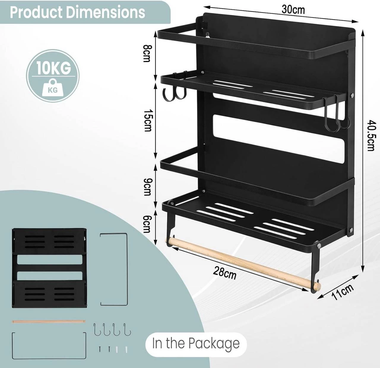WOLTU Wandregal, Mit 1 Küchenrollenhalter 2 Ablagen 4 Haken, Aus Metall Massivholz, Schwarz 4 WOLTU Wandregal, Mit 1 Küchenrollenhalter 2 Ablagen 4 Haken, Aus Metall Massivholz, Schwarz – Bild 4