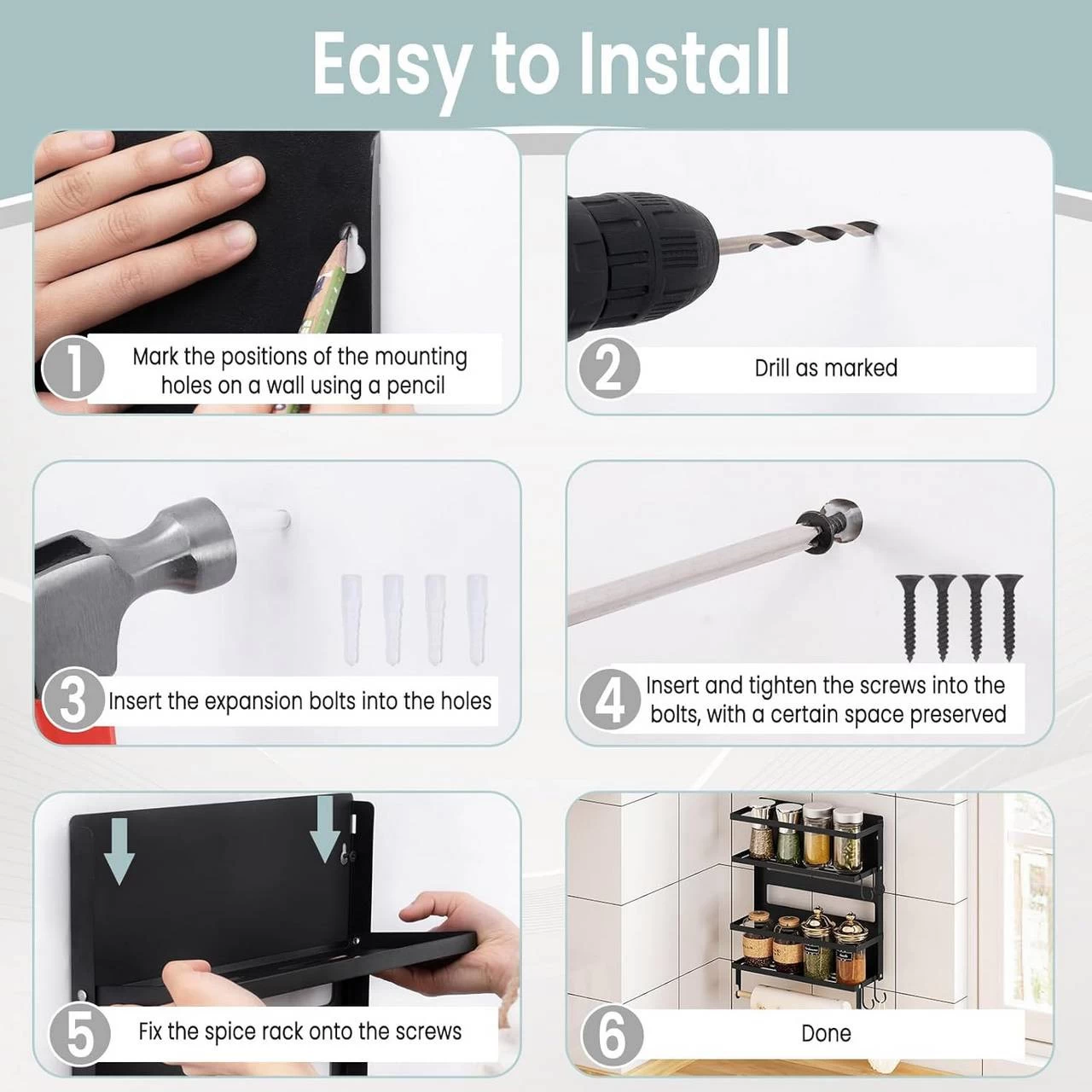 WOLTU Wandregal, Mit 1 Küchenrollenhalter 2 Ablagen 4 Haken, Aus Metall Massivholz, Schwarz 5 WOLTU Wandregal, Mit 1 Küchenrollenhalter 2 Ablagen 4 Haken, Aus Metall Massivholz, Schwarz – Bild 5