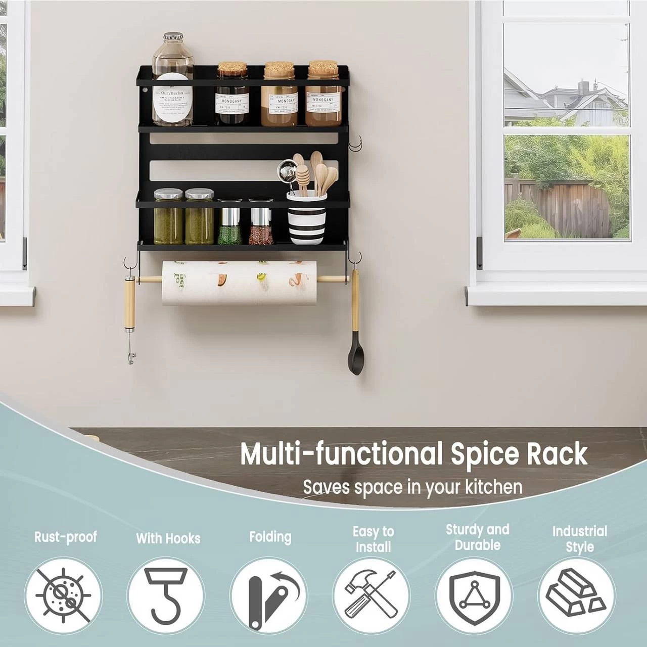 WOLTU Wandregal, Mit 1 Küchenrollenhalter 2 Ablagen 4 Haken, Aus Metall Massivholz, Schwarz 6 WOLTU Wandregal, Mit 1 Küchenrollenhalter 2 Ablagen 4 Haken, Aus Metall Massivholz, Schwarz – Bild 6