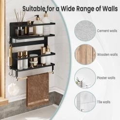 WOLTU Wandregal, Mit 1 Küchenrollenhalter 2 Ablagen 4 Haken, Aus Metall Massivholz, Schwarz 15 WOLTU Wandregal, Mit 1 Küchenrollenhalter 2 Ablagen 4 Haken, Aus Metall Massivholz, Schwarz -Möbel Store Wandregal mit 1 Kuechenrollenhalter 2 Ablagen 4 Haken aus Metall Massivholz W0ITT5006 Schwarz7 1280x1280