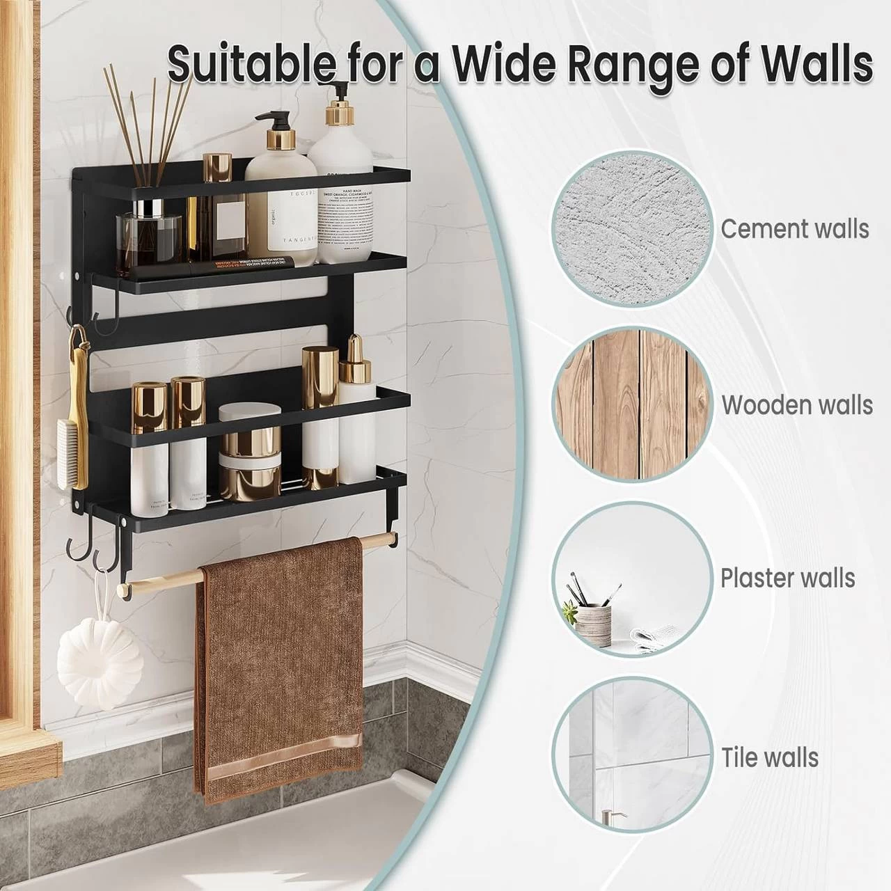 WOLTU Wandregal, Mit 1 Küchenrollenhalter 2 Ablagen 4 Haken, Aus Metall Massivholz, Schwarz 7 WOLTU Wandregal, Mit 1 Küchenrollenhalter 2 Ablagen 4 Haken, Aus Metall Massivholz, Schwarz – Bild 7
