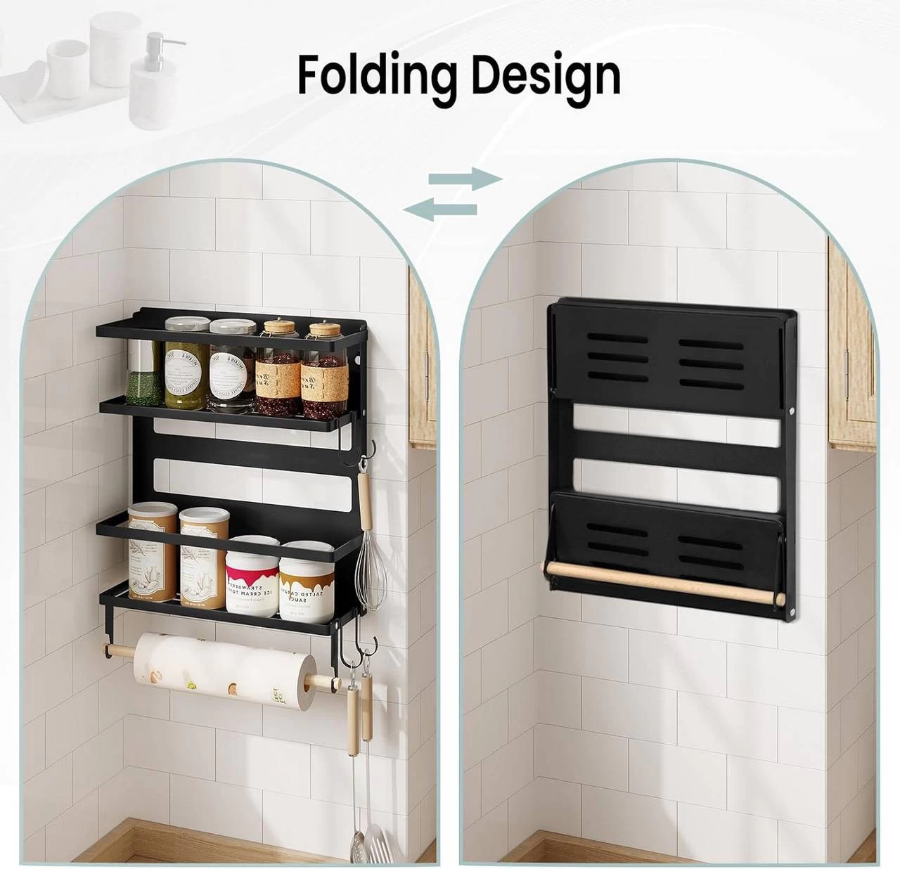 WOLTU Wandregal, Mit 1 Küchenrollenhalter 2 Ablagen 4 Haken, Aus Metall Massivholz, Schwarz 8 WOLTU Wandregal, Mit 1 Küchenrollenhalter 2 Ablagen 4 Haken, Aus Metall Massivholz, Schwarz – Bild 8
