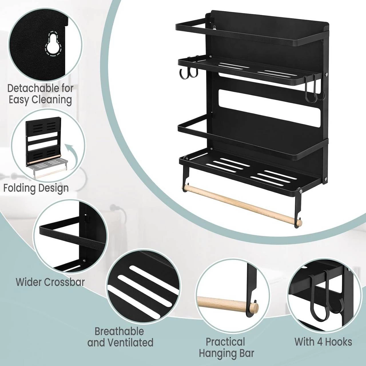 WOLTU Wandregal, Mit 1 Küchenrollenhalter 2 Ablagen 4 Haken, Aus Metall Massivholz, Schwarz 9 WOLTU Wandregal, Mit 1 Küchenrollenhalter 2 Ablagen 4 Haken, Aus Metall Massivholz, Schwarz – Bild 9