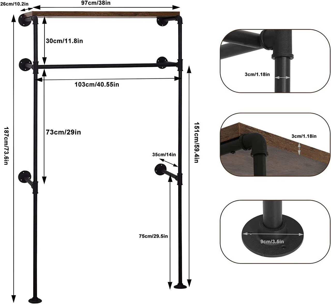 Industrielle Kleiderstange Wand,Garderobe Für Begehbaren Kleiderschrank, ,103x187x35cm 3 Industrielle Kleiderstange Wand,Garderobe Für Begehbaren Kleiderschrank, ,103x187x35cm – Bild 3